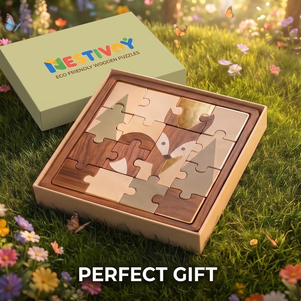NESTIVOY Fox Wooden Puzzle | Premium Sustainable Wood with Gold Edging & Gift Box