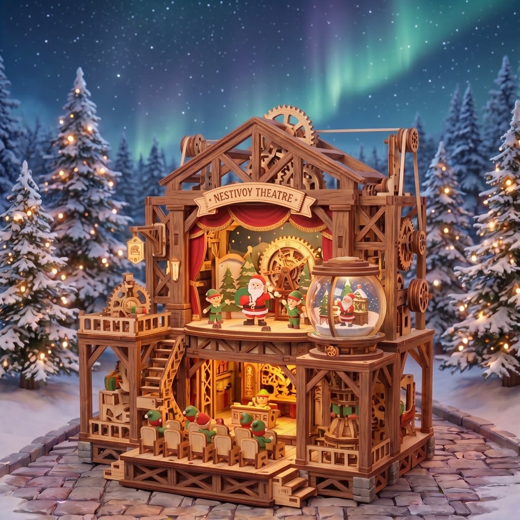 NESTIVOY Theatre Christmas 3D Wooden Puzzle | Multi-Level Stage, Moving Gears & Snow Globe Light