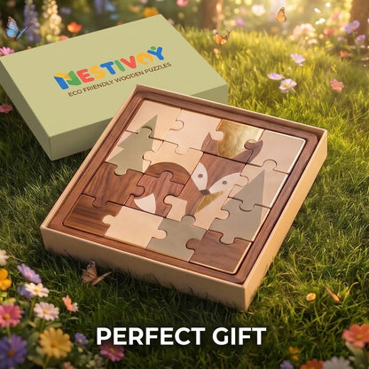 NESTIVOY Fox Wooden Puzzle | Premium Sustainable Wood with Gold Edging & Gift Box