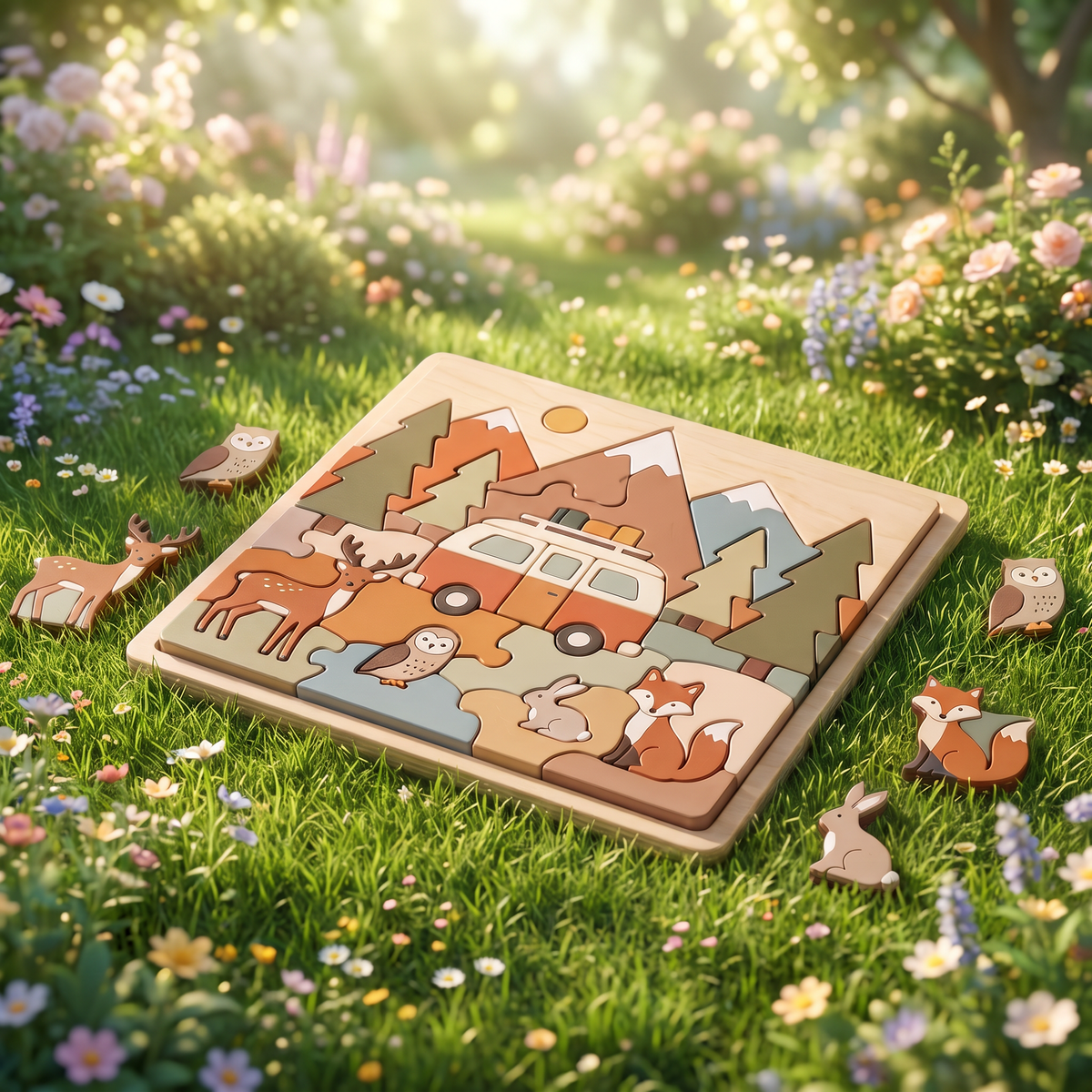 CHUNKY WOODEN PIECES. nestivoy. Side close-up of Forest Adventure puzzle board on a wooden table – showing substantial thickness of chunky natural wood pieces including camper van, rabbit and landscape pieces stacked inside the smooth frame, loose star and rabbit shapes on table, soft garden bokeh background