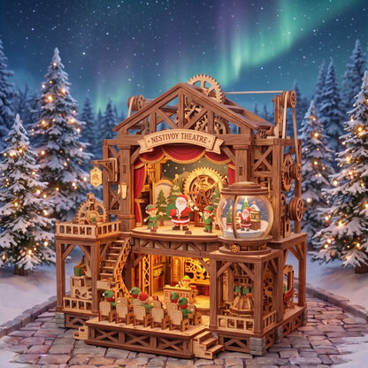 NESTIVOY Theatre Christmas 3D Wooden Puzzle | Multi-Level Stage, Moving Gears & Snow Globe Light