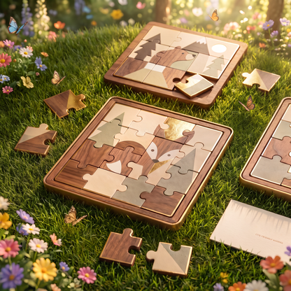 NESTIVOY Fox puzzle and two additional wooden puzzle boards laid out on grass in warm sunlight – fox and forest animal designs with scattered loose puzzle pieces, spring wildflowers and butterflies surrounding