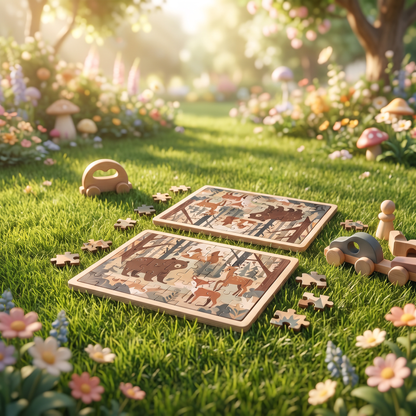 NESTIVOY Forest Animals two wooden puzzle boards laid on lush green grass in a sunlit garden – both showing forest scene with bear, deer, fox and squirrel among trees, loose jigsaw pieces scattered around, wooden toy cars beside them, soft bokeh flowers and mushrooms in background
