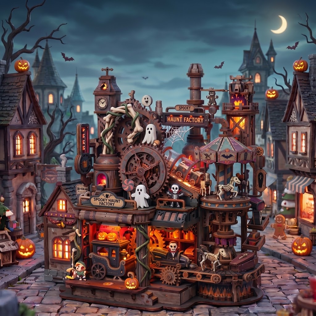 NESTIVOY Spooky Haunt Factory 3D Wooden Puzzle | Halloween Mechanical Model with Carousel, Gears & LED Glow
