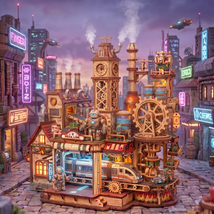 NESTIVOY Steampunk City 3D Wooden Puzzle | Vega Line — Moving Gears, Train & Robot Figures
