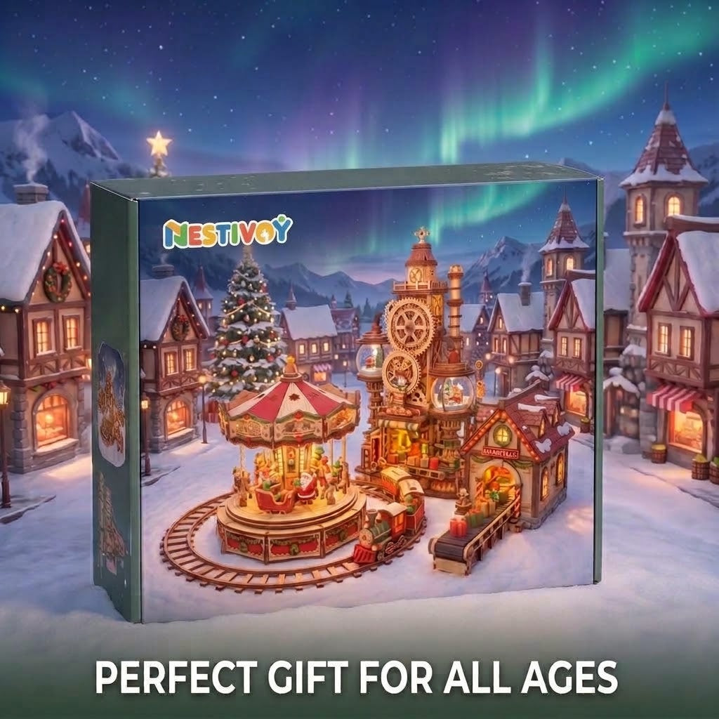 NESTIVOY Christmas Village 3D Wooden Puzzle | Carousel, Train, Gears & North Pole Station