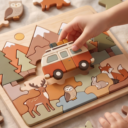 NESTIVOY Forest Adventure wooden puzzle board laid on lush green grass in golden morning light – completed scene showing camper van, snowy mountains, pine trees, deer, owl, rabbit and fox in warm muted tones, loose owl, deer and fox pieces scattered on surrounding grass, spring wildflowers in soft bokeh background