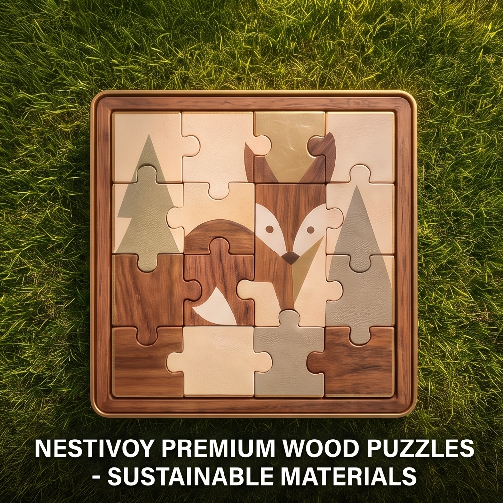 NESTIVOY Premium Wood Puzzles – Sustainable Materials. Aerial view of completed fox puzzle board on grass showing warm walnut wood tones, pine tree and golden fox face design, gold-edged puzzle pieces