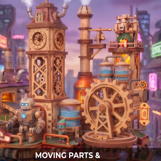 NESTIVOY Steampunk City 3D Wooden Puzzle | Vega Line — Moving Gears, Train & Robot Figures