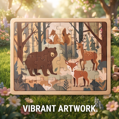 NESTIVOY: Develop Essential Skills – close-up of toddler hands carefully lifting a wooden bear puzzle piece from the forest animals board on a wooden table, fox and deer visible in the puzzle scene, warm golden garden light through window