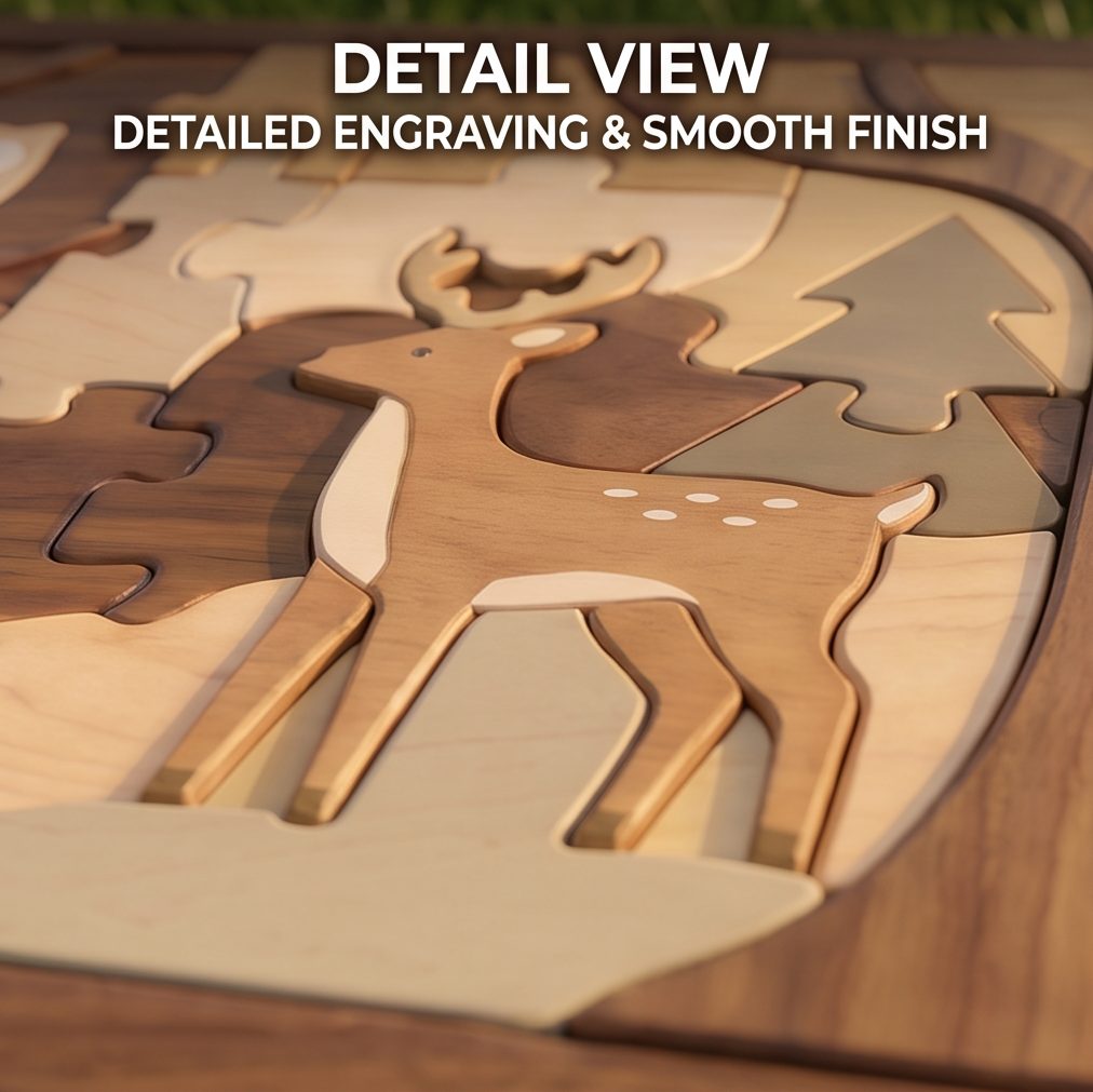 NESTIVOY Detail View – Detailed Engraving & Smooth Finish. Macro close-up of deer puzzle piece standing in the board showing hand-engraved antler and body detail, layered wood tones of birch and walnut, smooth sanded finish, grass backdrop