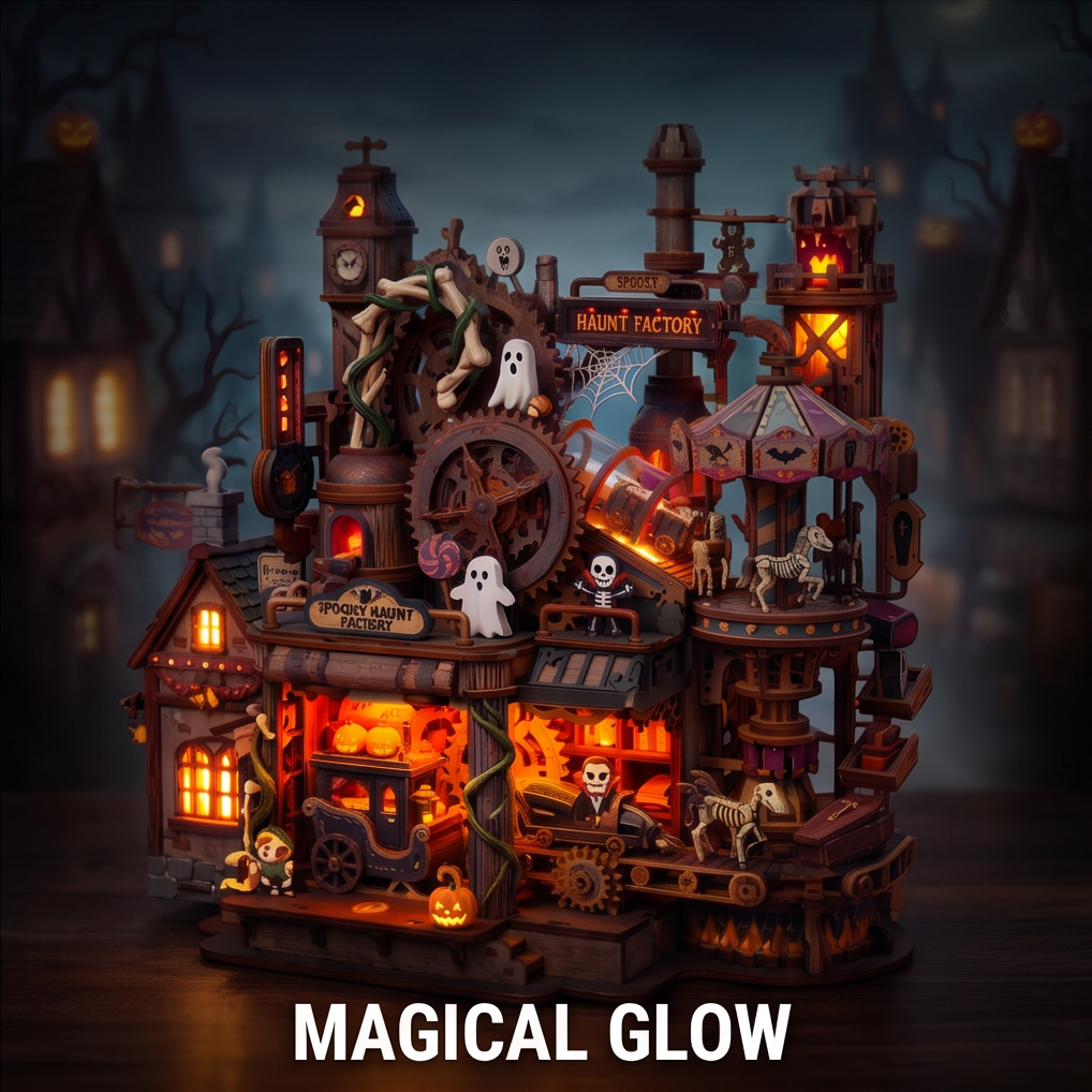 NESTIVOY Spooky Haunt Factory 3D Wooden Puzzle | Halloween Mechanical Model with Carousel, Gears & LED Glow