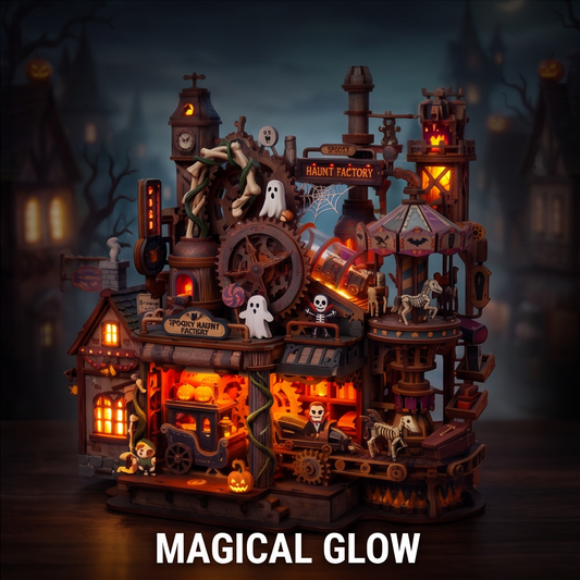 NESTIVOY Spooky Haunt Factory 3D Wooden Puzzle | Halloween Mechanical Model with Carousel, Gears & LED Glow