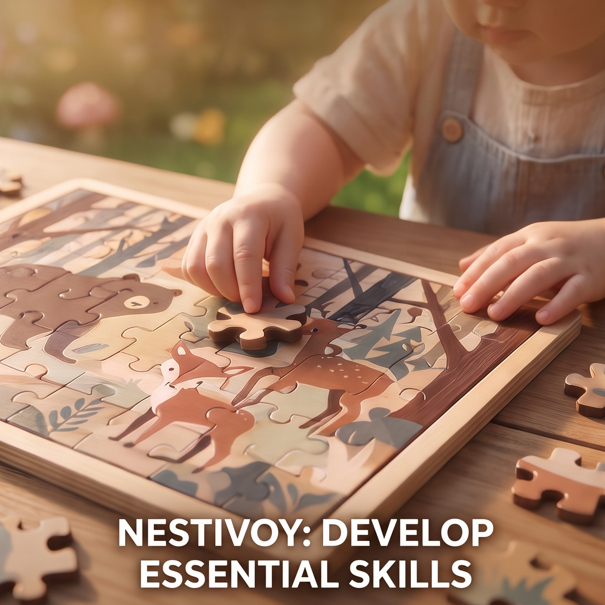 NESTIVOY Imaginative Play – toddler kneeling on grass placing a bear puzzle piece into the forest animals board, wooden toy car beside them, mushrooms and daisy flowers in soft bokeh background, warm afternoon sunlight, Nestivoy name at bottom
