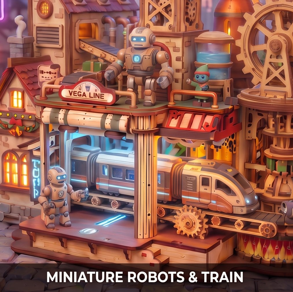 NESTIVOY Steampunk City 3D Wooden Puzzle | Vega Line — Moving Gears, Train & Robot Figures