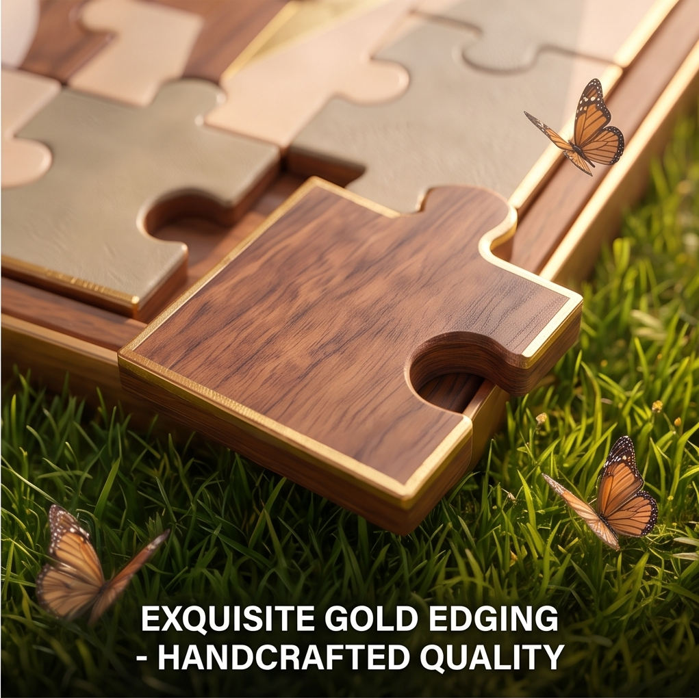 Exquisite Gold Edging – Handcrafted Quality. Macro close-up of a walnut wooden puzzle piece with gold-trimmed edges resting on the puzzle board frame, monarch butterflies in soft focus background
