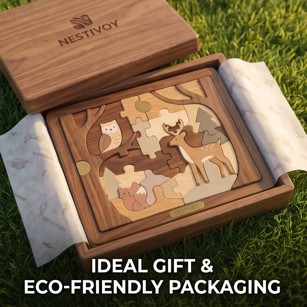 NESTIVOY Ideal Gift & Eco-Friendly Packaging – completed forest animals puzzle nestled in open NESTIVOY wooden gift box with tissue paper lining on grass, wooden box lid with NESTIVOY logo engraved beside it