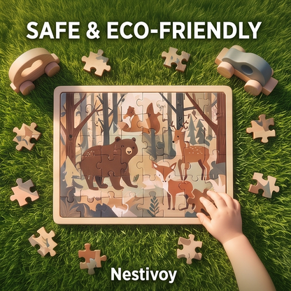 NESTIVOY Vibrant Artwork – completed forest animals wooden puzzle board standing upright on grass in warm sunlight, showing bear, fox, deer and squirrel in illustrated woodland scene with trees and foliage, spring flowers and soft bokeh garden backdrop