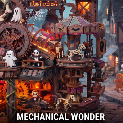 NESTIVOY Spooky Haunt Factory 3D Wooden Puzzle | Halloween Mechanical Model with Carousel, Gears & LED Glow