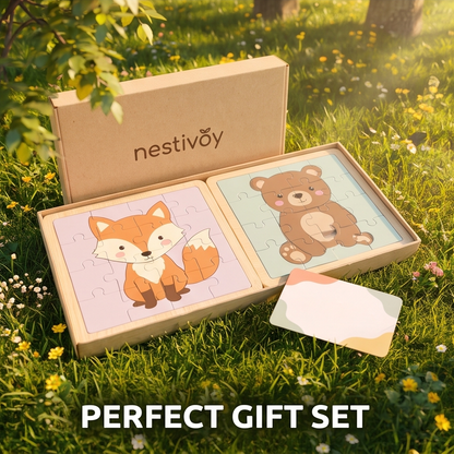 NESTIVOY Fox & Bear Wooden Puzzle Set | Educational Toddler Toy with Gift Box — Safe & Durable Wood