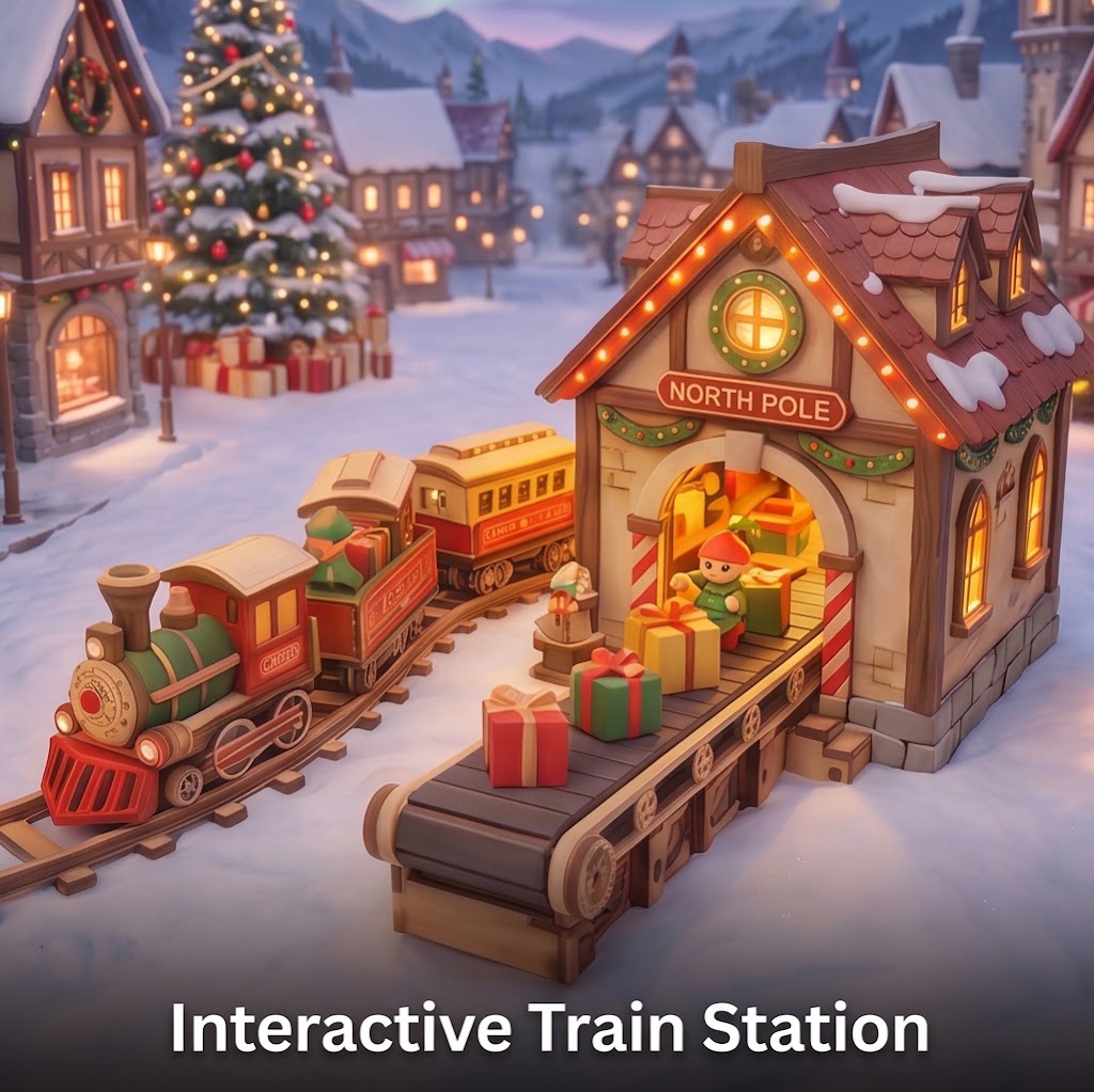 NESTIVOY Christmas Village 3D Wooden Puzzle | Carousel, Train, Gears & North Pole Station