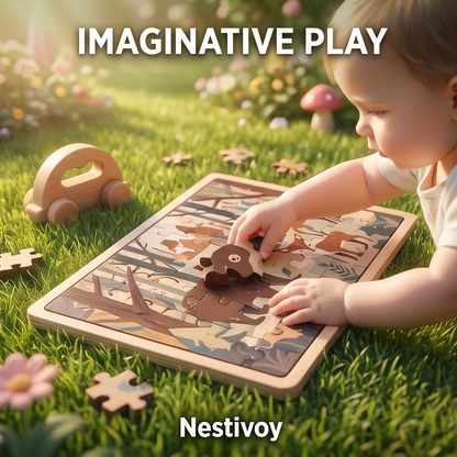 NESTIVOY Safe & Eco-Friendly – aerial flat-lay of forest animals puzzle board on bright green grass, toddler hand placing a piece near the bottom right corner, loose natural wood jigsaw pieces and wooden toy cars surrounding the board, Nestivoy name at bottom
