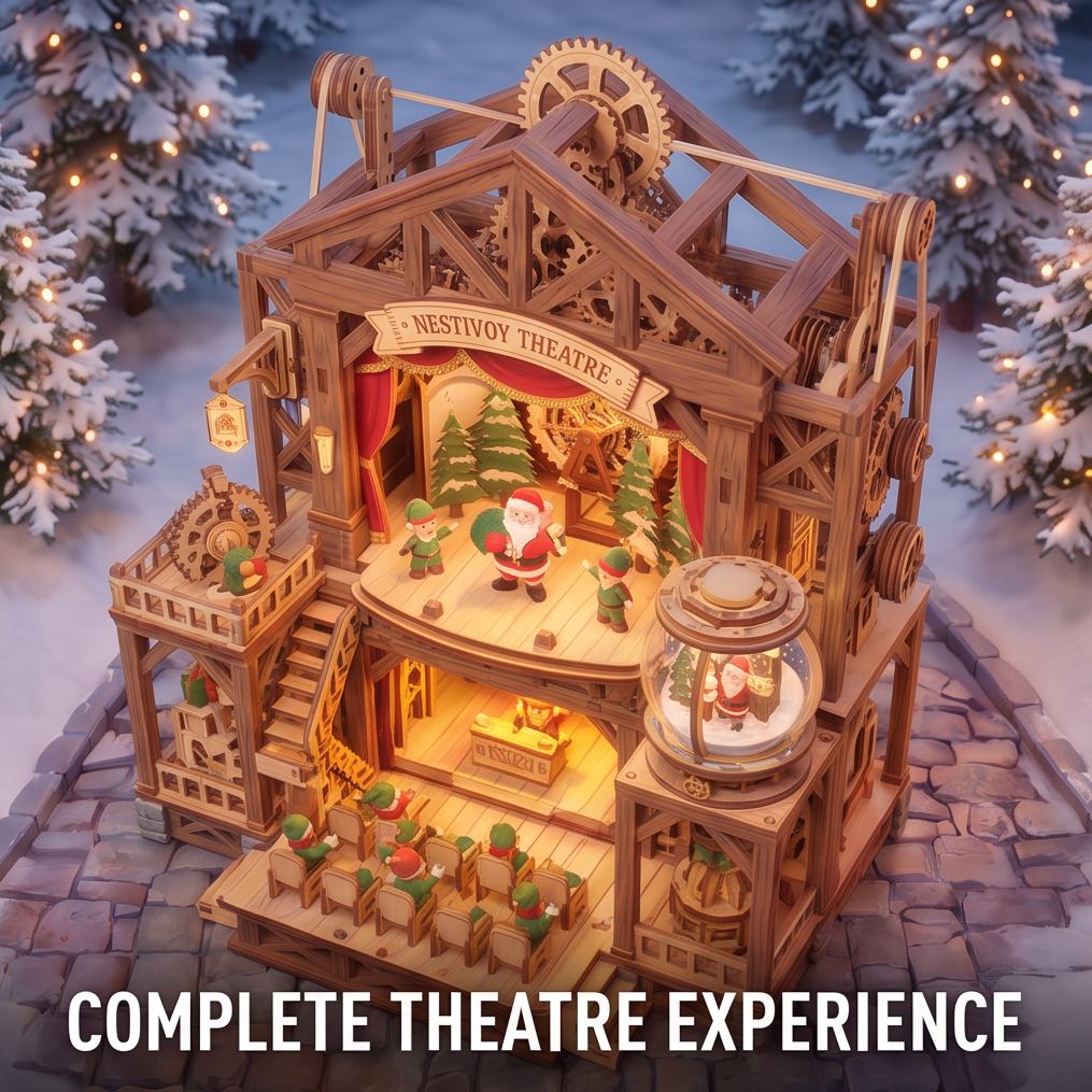 NESTIVOY Theatre Christmas 3D Wooden Puzzle | Multi-Level Stage, Moving Gears & Snow Globe Light