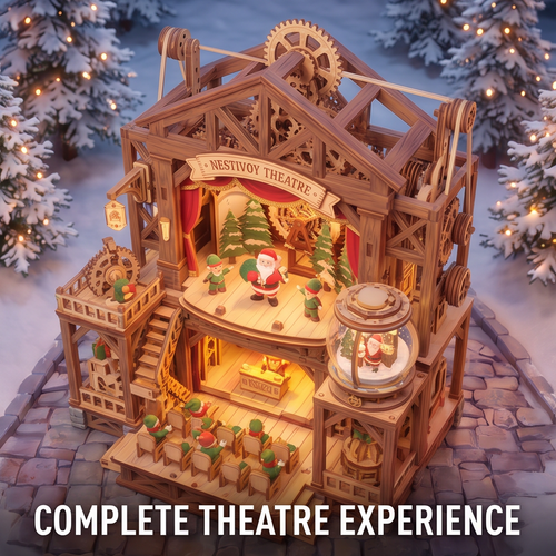 NESTIVOY Theatre Christmas 3D Wooden Puzzle | Multi-Level Stage, Moving Gears & Snow Globe Light