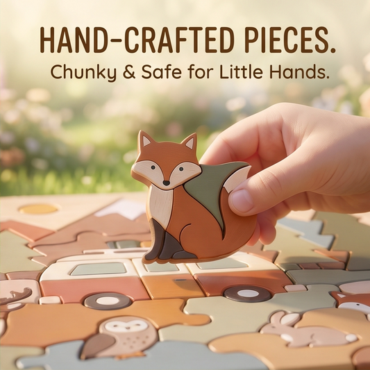 Two hands holding up a nestivoy branded kraft gift box in a sunny spring garden – window cutout reveals the completed Forest Adventure wooden puzzle inside showing camper van, deer, fox, owl, rabbit and pine tree pieces in warm terracotta, sage and cream tones, nestivoy eco-friendly branding on box front and sides