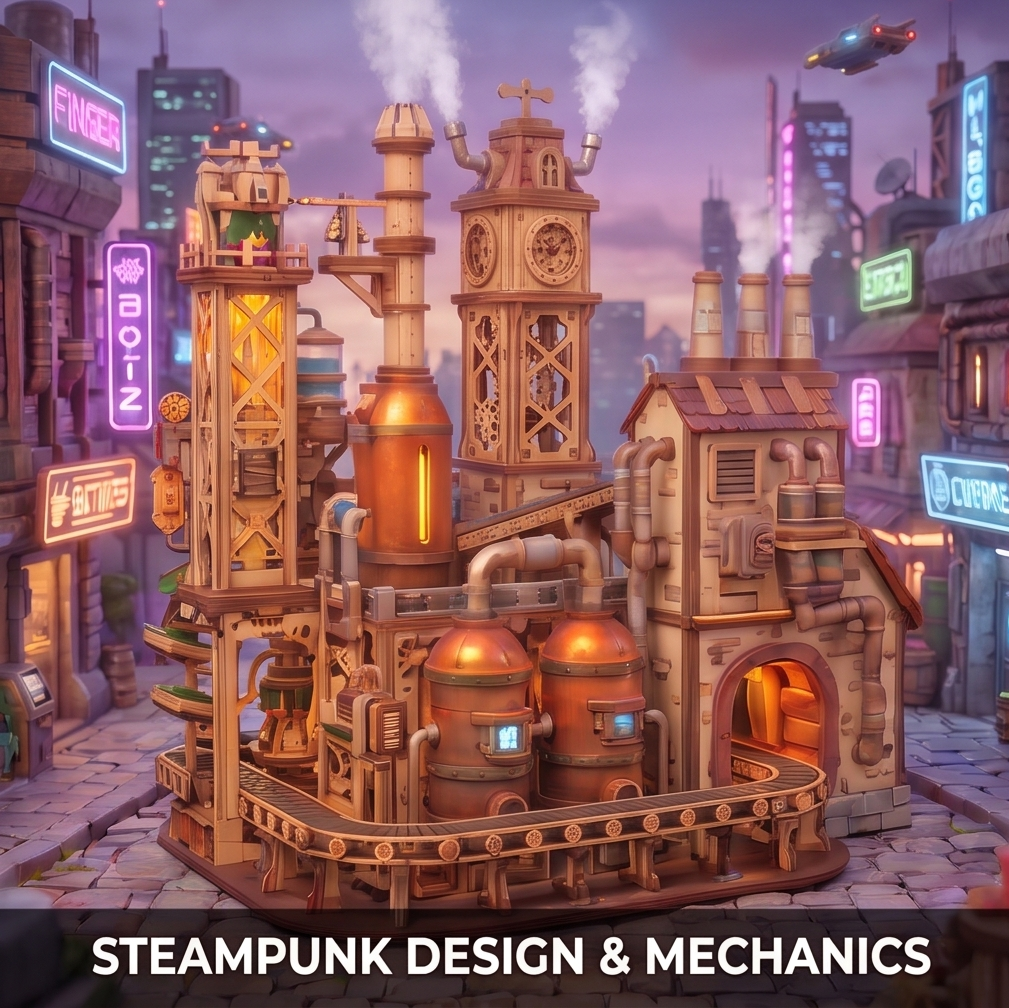 NESTIVOY Steampunk City 3D Wooden Puzzle | Vega Line — Moving Gears, Train & Robot Figures