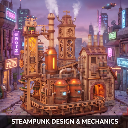 NESTIVOY Steampunk City 3D Wooden Puzzle | Vega Line — Moving Gears, Train & Robot Figures