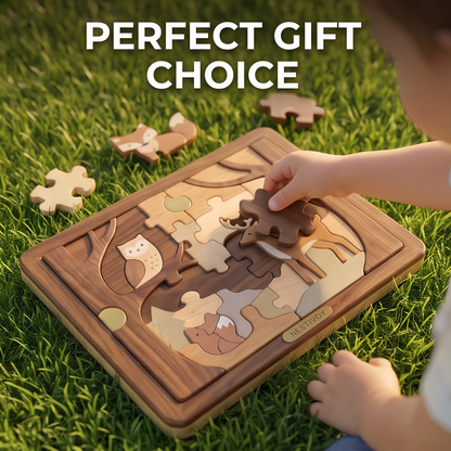 NESTIVOY Perfect Gift Choice – toddler hands placing a deer puzzle piece into the forest animals board on grass, owl and fox visible in the scene, NESTIVOY gold name plate on bottom edge of puzzle frame