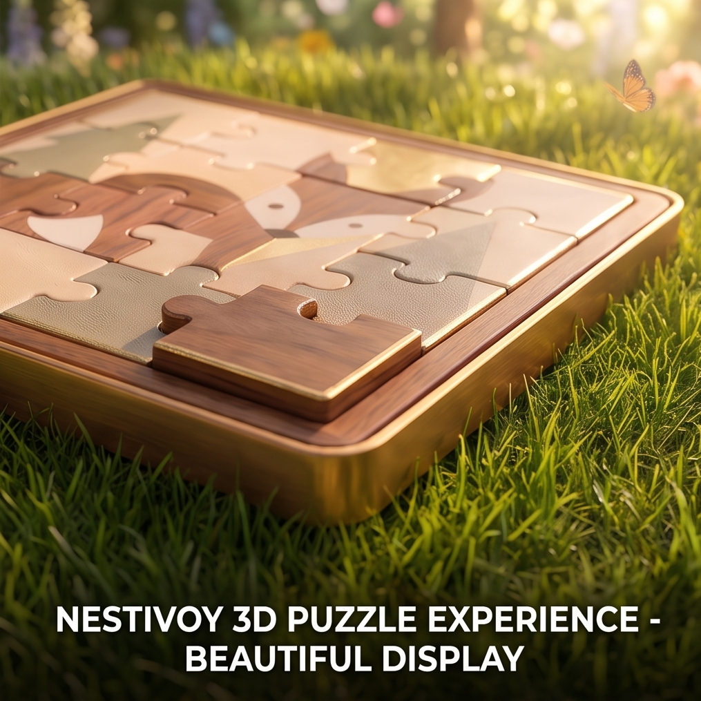 NESTIVOY 3D Puzzle Experience – Beautiful Display. Low side-angle view of the fox puzzle board on grass in golden afternoon light showing the layered wooden frame depth and a loose piece leaning upright against the board