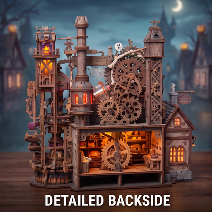 NESTIVOY Spooky Haunt Factory 3D Wooden Puzzle | Halloween Mechanical Model with Carousel, Gears & LED Glow