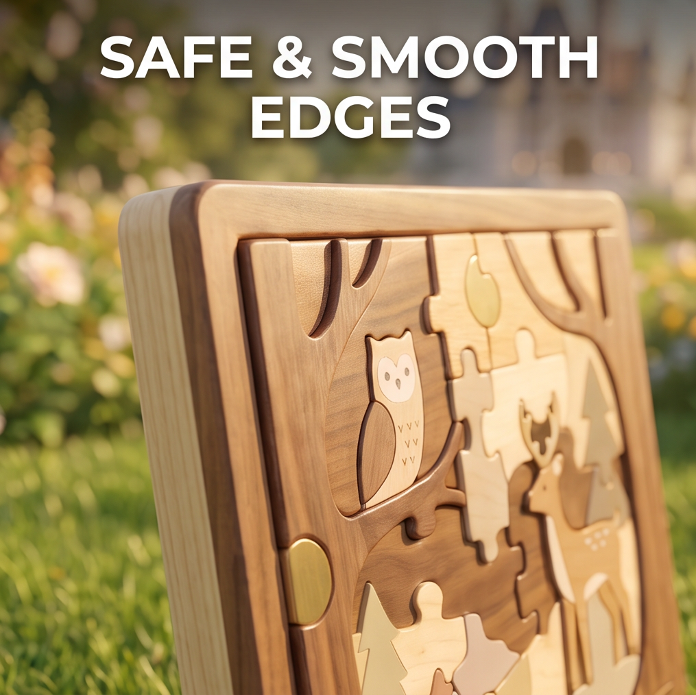 NESTIVOY Safe & Smooth Edges – close-up side angle of forest animals puzzle board showing rounded walnut frame corners and smooth layered edges with owl piece and jigsaw pieces visible on face, garden bokeh background