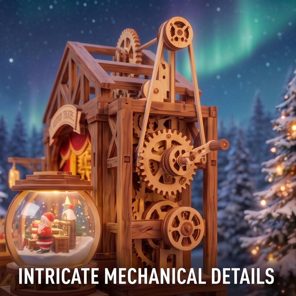 NESTIVOY Theatre Christmas 3D Wooden Puzzle | Multi-Level Stage, Moving Gears & Snow Globe Light