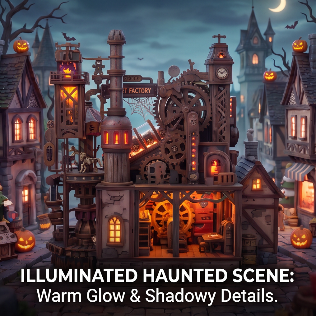 NESTIVOY Spooky Haunt Factory 3D Wooden Puzzle | Halloween Mechanical Model with Carousel, Gears & LED Glow