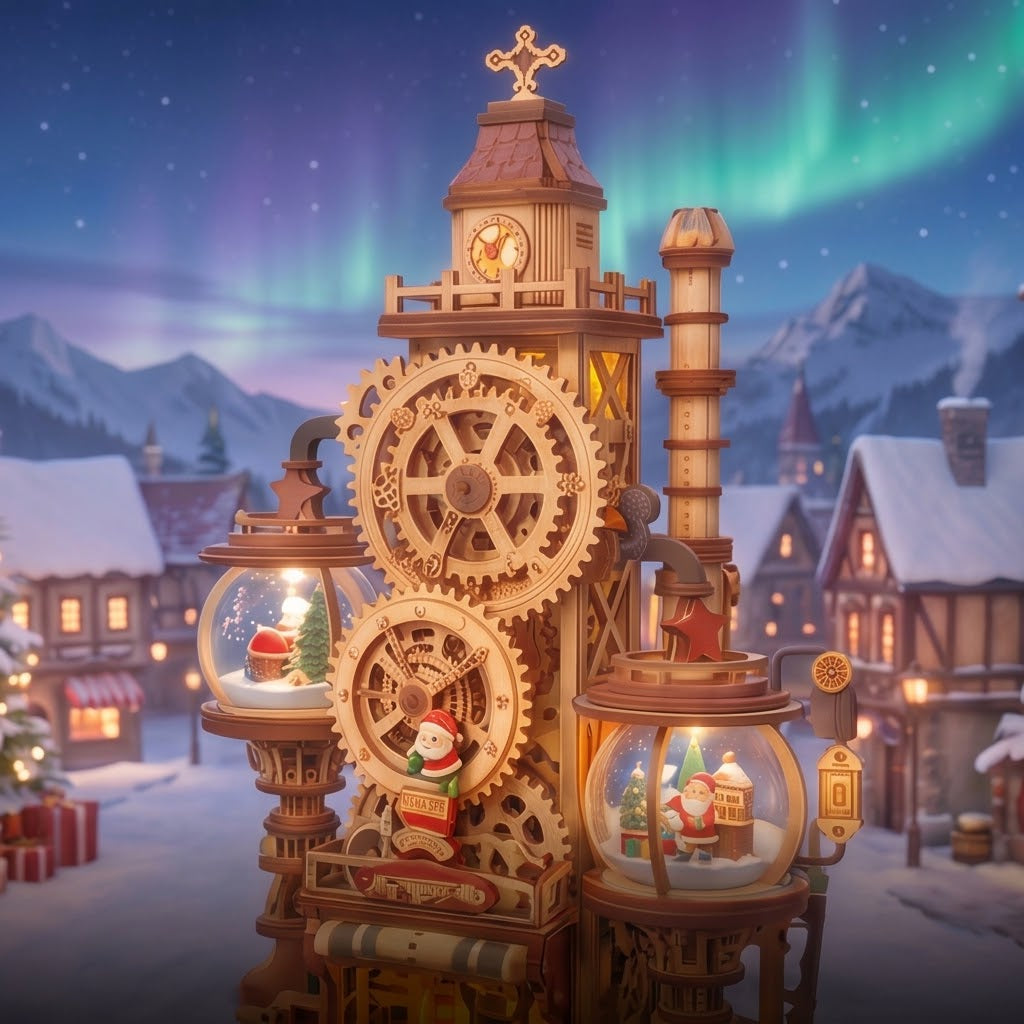 NESTIVOY Christmas Village 3D Wooden Puzzle | Carousel, Train, Gears & North Pole Station