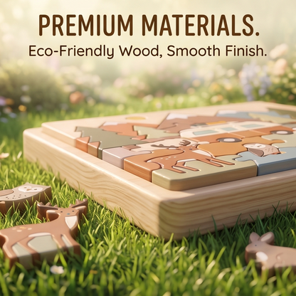 HAND-CRAFTED PIECES. Chunky & Safe for Little Hands. Toddler hand holding the fox puzzle piece up close – detailed painted fox with white chest and sage-green tail, chunky rounded wooden shape, Forest Adventure puzzle board visible below with camper van and mountain scene in background, spring bokeh setting