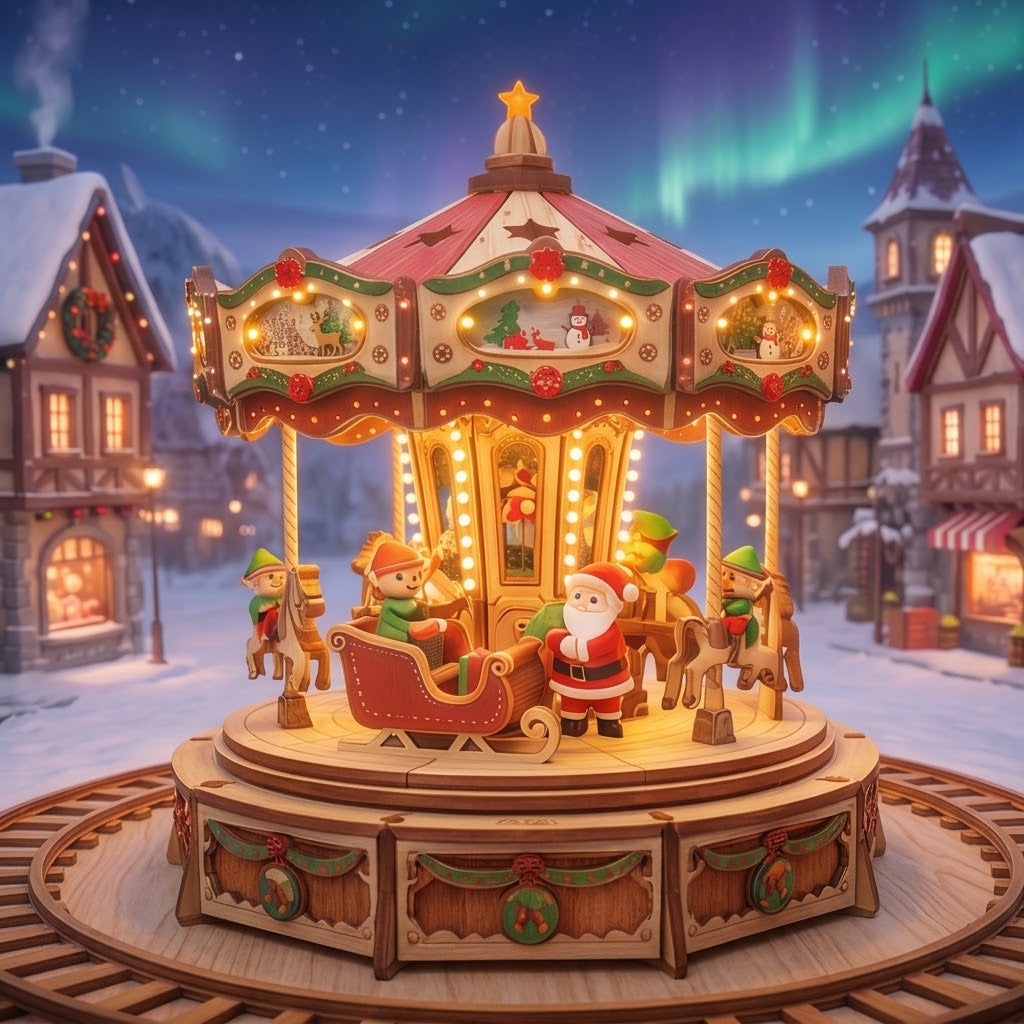 NESTIVOY Christmas Village 3D Wooden Puzzle | Carousel, Train, Gears & North Pole Station