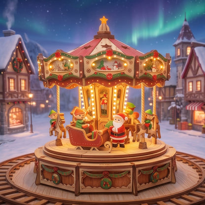 NESTIVOY Christmas Village 3D Wooden Puzzle | Carousel, Train, Gears & North Pole Station