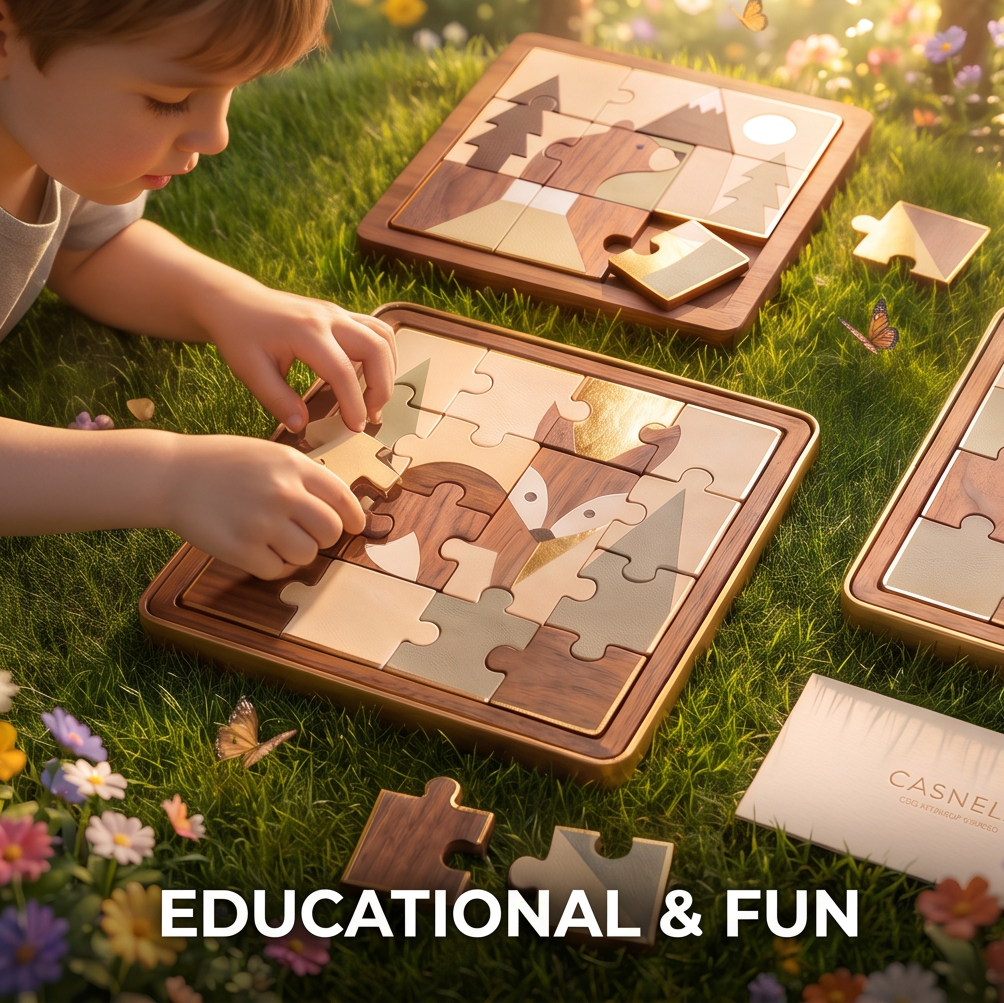 NESTIVOY Fox wooden puzzle in open cream gift box on grass – completed fox puzzle with pine tree motifs in walnut wood tones, NESTIVOY Eco Friendly Wooden Puzzles branded box lid beside it, sunlit garden with wildflowers and butterflies