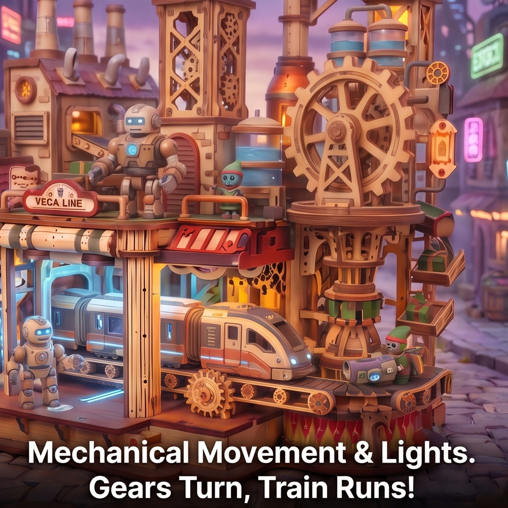 NESTIVOY Steampunk City 3D Wooden Puzzle | Vega Line — Moving Gears, Train & Robot Figures