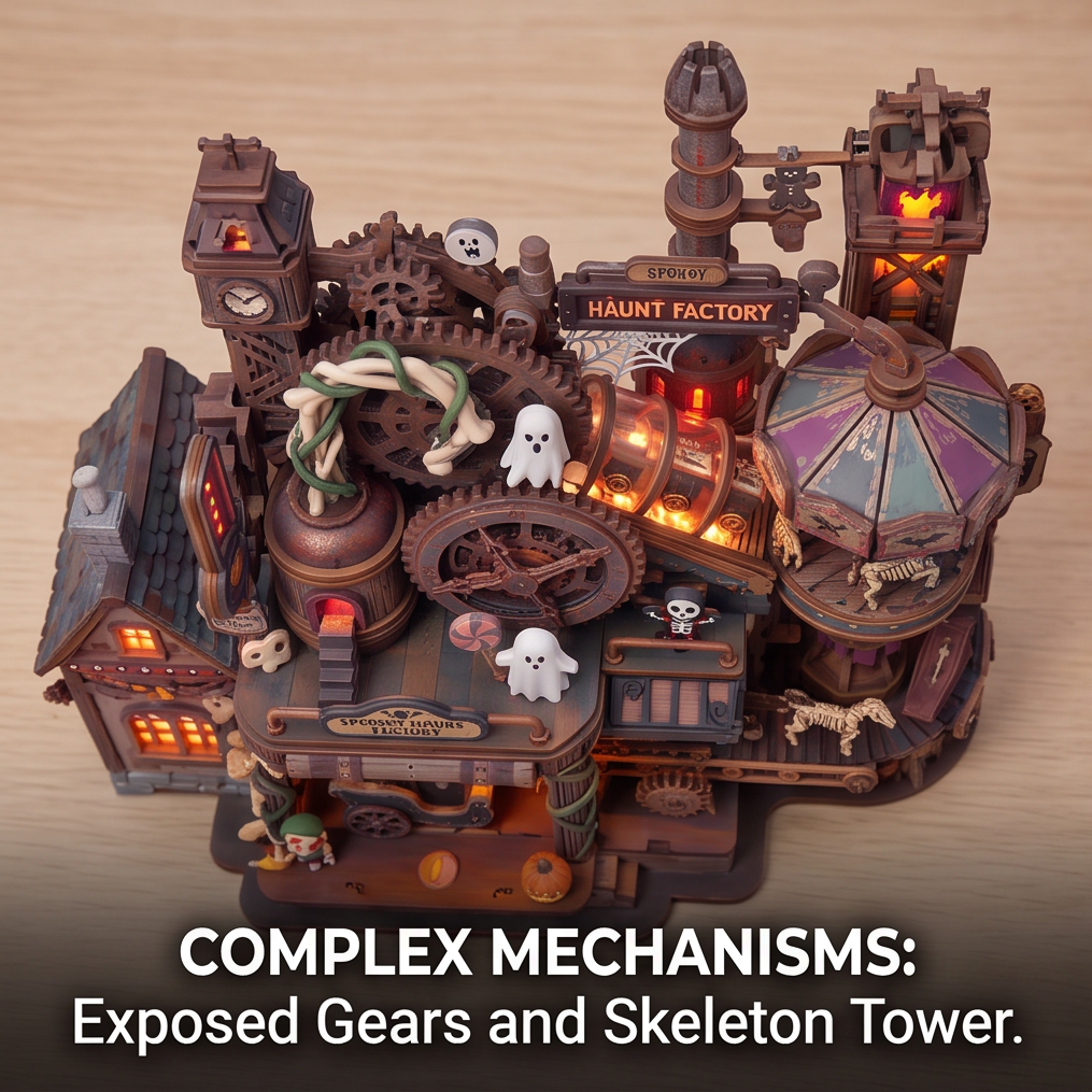 NESTIVOY Spooky Haunt Factory 3D Wooden Puzzle | Halloween Mechanical Model with Carousel, Gears & LED Glow