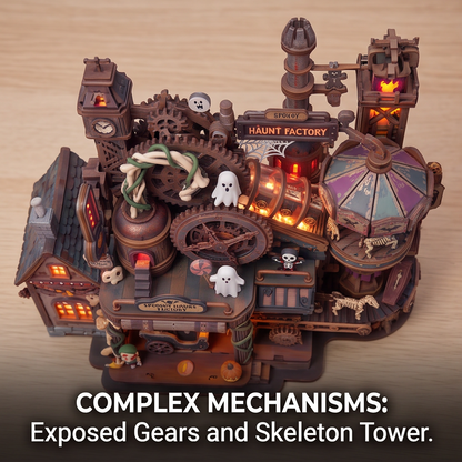 NESTIVOY Spooky Haunt Factory 3D Wooden Puzzle | Halloween Mechanical Model with Carousel, Gears & LED Glow