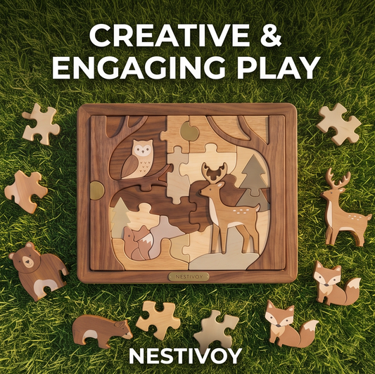 NESTIVOY Forest Animals wooden puzzle – Premium Wood Quality. Full puzzle board standing upright on grass in sunny garden with castle backdrop, showing owl, deer, fox and bear woodland scene in warm walnut and natural wood tones, loose bear and fox pieces on grass beside it