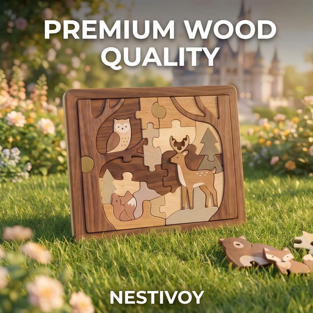 NESTIVOY Creative & Engaging Play – aerial flat-lay of forest animals puzzle board on grass surrounded by loose wooden animal pieces including bear, fox, deer and owl, with extra jigsaw pieces scattered around the walnut frame