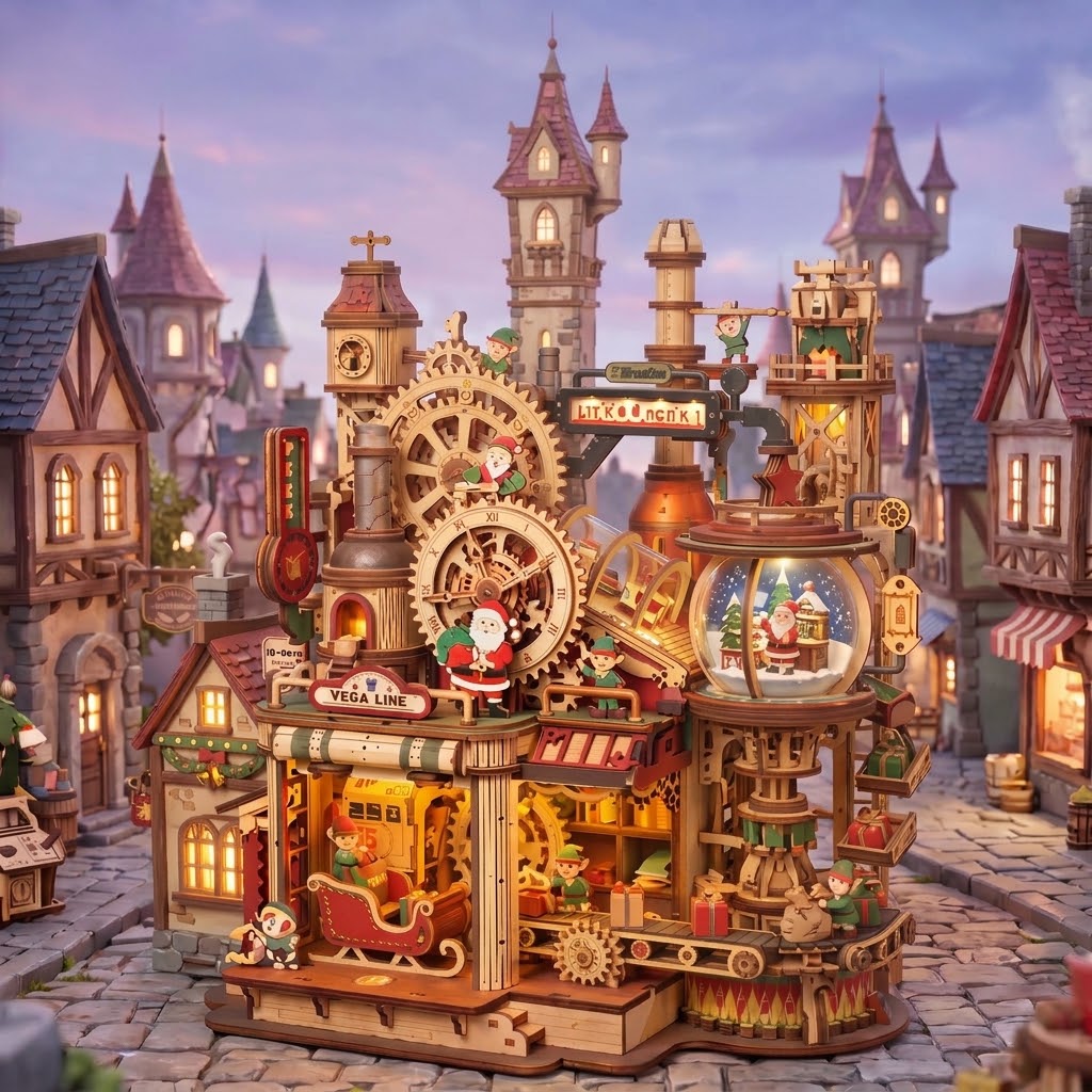 NESTIVOY Christmas Steampunk Wooden 3D Puzzle with LED Lights & Snow Globe