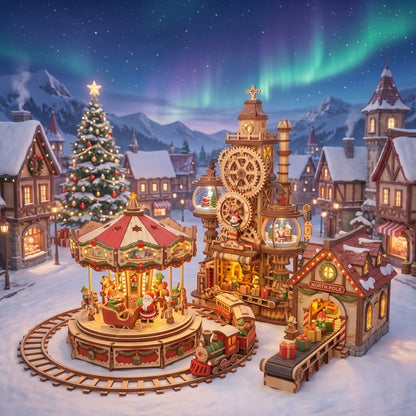 NESTIVOY Christmas Village 3D Wooden Puzzle | Carousel, Train, Gears & North Pole Station