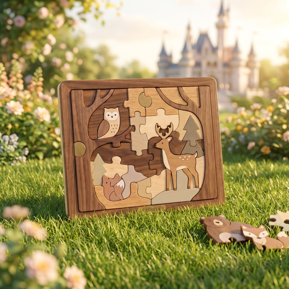 NESTIVOY Forest Animals wooden puzzle – product overview showing completed puzzle board with owl, deer, fox and bear in woodland scene, warm walnut frame, gold NESTIVOY nameplate, displayed on grass in natural light